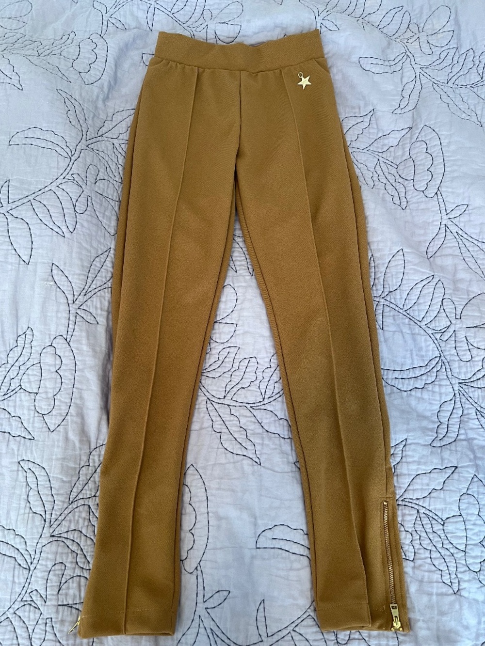 Agyness Atelier Punto Milano Camel Leggings Gold Zip XS NWT